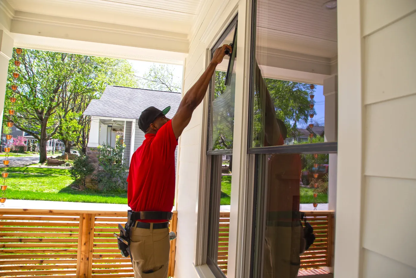 A technician reaching up to squeegee a porch window
